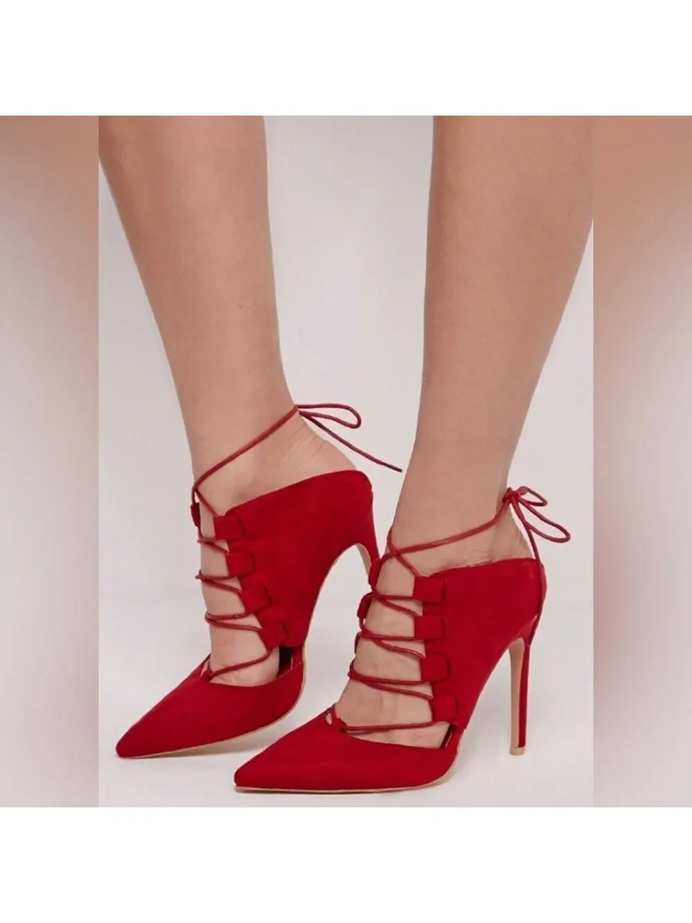 Nasty Gal burnt orange red lace-up faux leather mules high heels Sz 8.5